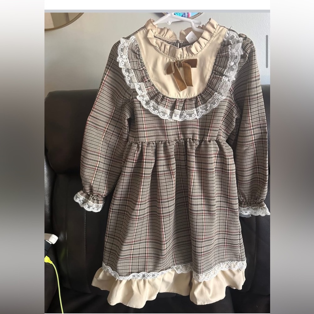 SHEIN Plaid Dress with Lace Trim - Brown and Cream